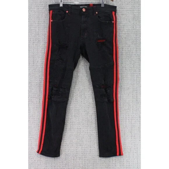 Makobi Biker Jeans Mens 36x32 Black Red Stretch Distressed Skinny Fit Moto